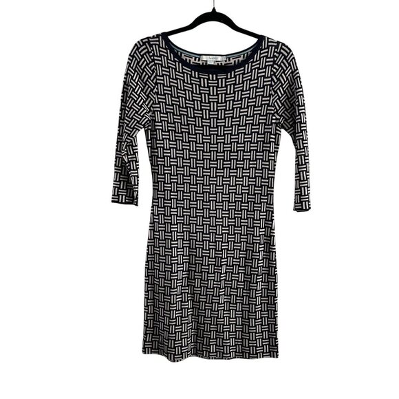 Boden Women 6R Navy Blue/Ivory Criss-Cross Pattern 3/4 Sleeve Knit Sheath Dress - Picture 1 of 9